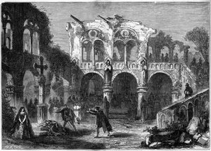 Theateraufführung: „Die Beerdigungen der Ehre“ (Akt VII, letzte Szene) von Auguste Vacquerie (1819-1895). Paris, Théâtre de la Porte Saint Martin von French School