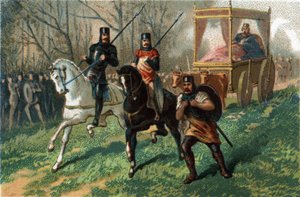 Thierry III genannt der Faulenzerkönig von 673 bis 691 fährt in seiner von Ochsen gezogenen Kutsche durch Paris. Chromolithographie um 1890