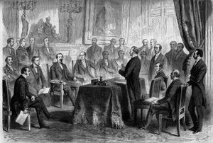 Dritte Republik: Sitzung des Staatsrates in den Tuilerien in Anwesenheit von Napoleon III. (1808-1873) und Baron Eugene Georges Haussmann, Präfekt von Paris (1809-1891). Gravur in "Le Monde Illustré" Nr. 291 vom 8. November 1862