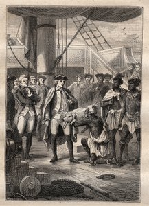 Dritte Reise von James Cook - Sie gaben ihm ein kleines Schwein - Illustration aus „Die großen Seefahrer des 18. Jahrhunderts“ von Jules Verne