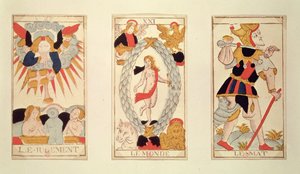 Drei Tarotkarten, die Gericht, Die Welt und Der Narr darstellen (farbiger Holzstich)