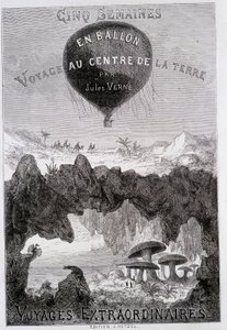 Titelseite: „Fünf Wochen im Ballon“ und „Reise zum Mittelpunkt der Erde“ von Jules Verne, sd. Ausgaben Hetzel unter dem allgemeinen Namen „Les Voyages Extraordinaires“