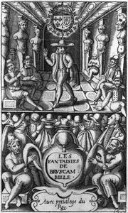 Titelseite von Les Fantaisies de Bruscambille, veröffentlicht 1615 von French School