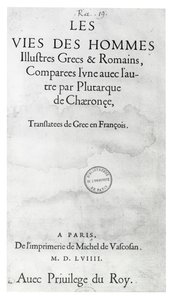 Titelseite von „Das Leben edler Griechen und Römer“ von Plutarch, gedruckt von Michel de Vascosan