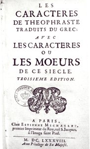 Titelseite von Les Caracteres de Theophraste, übersetzt aus dem Griechischen, mit Les Caracteres ou les moeurs de ce siecle von La Bruyere, 1688