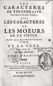 Titelseite von Theophrastus Les Characteres ou les Moeurs, übersetzt von Jean de la Bruyere (1645-96), 1697