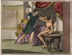 Titus Manlius Torquatus (Konsul im Jahr 347 v. Chr.) zwingt den Tribun Marcus Pomponius mit einem Messer, die gegen seinen Vater Lucius Manlius Capitolinus Imperiosus erhobenen Anschuldigungen zurückzunehmen von French School