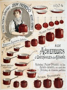 An Käufer von Küchenutensilien. Kaufen Sie Phenix Steel oder Granite Steel, dies sind perfekte Küchenartikel - Werbeetikett von French School