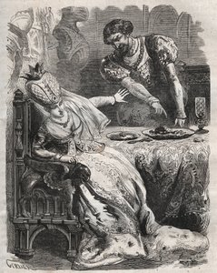 Um sich für die Untreue seiner Frau Gabrielle de Vergy zu rächen, lässt Eudes de Fayel sie unwissentlich das Herz ihres Liebhabers Raoul de Coucy essen. Szene einer Legende aus dem 12. Jahrhundert, nach der Raoul I. de Coucy (nach 1142-1191) verlangte, das von French School