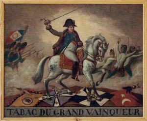 Zum Tabak des großen Gewinners. (Reiterporträt von Napoleon Bonaparte (1769-1821), der seine Truppen in die Schlacht führt) von French School