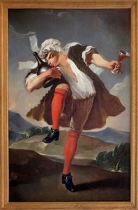 An die drei vereinten Stände. Ein Mann, der den Klerus, den Adel und den Dritten Stand repräsentiert, hält ein Glas Rotwein und küsst eine Flasche. Gemaltes Schild eines Weinhändlers. Anonymes Gemälde, Revolutionszeit