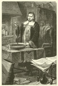 Torricelli erfindet das Barometer (Stich) von French School