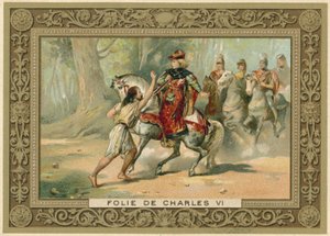 Handelskarte, die einen Angriff auf König Karl VI. von Frankreich darstellt von French School