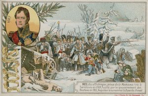 Handelskarte mit einem Bild, das den Rückzug aus Russland darstellt von French School