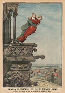Tragischer Selbstmord zweier junger Leute vom Turm der Kathedrale in Antwerpen, Rückseitige Illustration aus 