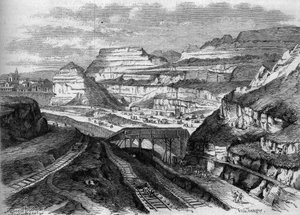 Transformationen von Paris unter dem Zweiten Kaiserreich, Paris Haussmann: Umwandlung der Gipssteinbrüche von Buttes-Chaumont (Buttes Chaumont) in einen Park. Gravur in „Le Monde Illustré“ Nr. 306 vom 21. Februar 1863