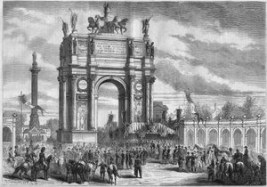 Transformationen von Paris unter dem Zweiten Kaiserreich, Haussmann Paris: Triumphbogen bei der Einweihung des Boulevard du Prince Eugene (heute Boulevard Voltaire) durch Napoleon III. Gravur in „Le Monde Illustré“ Nr. 296 vom 13. Dezember 1862
