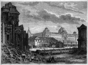 Transformationen von Paris unter dem Zweiten Kaiserreich, Haussmann Paris: Abriss des Flore-Pavillons und Arbeiten im Hof der Tuilerien - Gravur in „Le Monde Illustré“ Nr. 244 vom 14. Dezember 1861 von French School