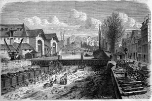 Transformationen von Paris unter dem Zweiten Kaiserreich, Haussmann Paris: Arbeiten zur Absenkung des Wasserspiegels des Canal Saint Martin. Gravur in „Le Monde Illustré“ Nr. 143 vom 7. Januar 1860