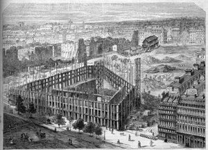 Transformationen von Paris unter dem Zweiten Kaiserreich, Paris Haussmann: Bau des Hotel de la Paix und Ansicht des Standorts der zukünftigen Oper Garnier, zwischen den Straßen Neuve des Mathurins, der Chaussee d