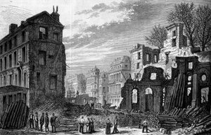 Transformationen von Paris unter dem Zweiten Kaiserreich, Paris Haussmann: Durchbruch des Boulevard Saint Germain, Blick von der Rue Saint Dominique. Gravur von 1870.