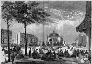 Transformationen von Paris unter dem Zweiten Kaiserreich, Paris Haussmann: das neue Rathaus des XI. Arrondissements in Paris. (Man sieht den Boulevard Voltaire und die Avenue Parmentier). Gravur von 1865.