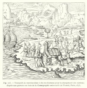 Transport von Waren auf dem Rücken von Kamelen zum Beladen von Schiffen; nach einem Holzschnitt aus der Cosmographie universelle von Thevet; Paris