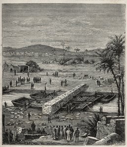 Transport des Obelisken von Ptolemee Philadelph (Ptolemaios Philadelphos) (Ptolemee II) auf dem Nil nach Alexandria - Gravur in „Wissenschaften für alle - Populäre Physik und Chemie“ von Alexis Clerc - Ende 19. Jahrhundert - Private Sammlung von French School