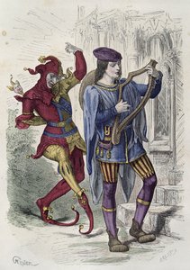 Reisender Musiker und Hofnarr beim Tanzen (Farbstich)