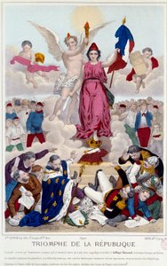 Triumph der Republik, Gravur von 1875. Allegorie über das allgemeine Wahlrecht, das die Feinde der Republik zerstört: „[...] Aber Frankreich ist vor ihrer Verschwörung geschützt, schreitet an der Spitze der zivilisierten Nationen auf dem Weg des Fortschrit