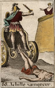 Trojanischer Krieg: Triumphierender Achilles schleppt Hektors leblosen Körper vor die Tore Trojas. Aus „Mythologie der Jugend“ von Pierre Blanchard 1803 von French School