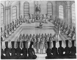 Zar Alexei I. Michailowitsch (1629-76) empfängt eine Botschaft aus dem Westen, aus Band I von Voyages tres-curieux et tres-renommez faits en Muscovie, Tartarie et Perse von Adam Olearius, übersetzt von Wicq von French School