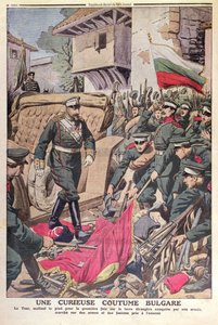 Zar Ferdinand I. (1861-1948) von Bulgarien schreitet über erbeutete Fahnen während des Balkankriegs von 1912, November 1912