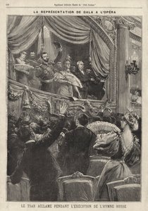 Zar Nikolaus II. von Russland wird vom Publikum während der Aufführung der russischen Nationalhymne bei einer Gala im Pariser Opernhaus gefeiert von French School