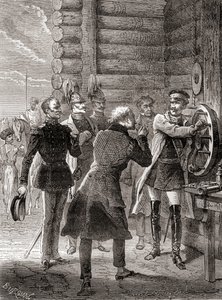 Zar Nikolaus I. eröffnet die Semaphor-Telegraphenlinie zwischen Moskau und Warschau im Jahr 1833, unter Verwendung einer Modifikation des Semaphorsystems von Claude Chappe, aus Les Merveilles de la Science, veröffentlicht um 1870 (Gravur) von French School