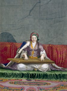 Türkisches Mädchen spielt ein Tasteninstrument, aus Collection of One Hundred Prints Representing the Different Nations of the Levant von Charles de Ferriol, graviert von Gerard Scotin (1671-1716) von French School
