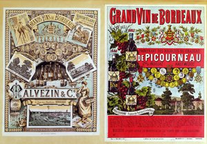 Zwei Werbungen für Malevezin und Company Distributoren und das Weingut Chateau de Picourneau, aus der Region Bordeaux, späte 19. Jahrhundert von French School