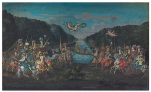 Zwei Fächerblätter: Das pompöse Karussell der galanten Amazonen aus den vier Teilen der Welt; und Prozession, die einen Tempel verlässt, begleitet von Putti, zweite Hälfte des 17. Jahrhunderts von French School