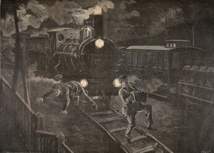 Zwei Männer von einem Zug erfasst, Illustration aus Le Petit Journal: Supplement illustre, 1898