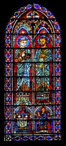 Zwei Heilige - einer ist Nicaise; Stifterpriester unten von French School