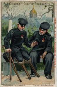 Zwei Kriegsinvaliden: ein Stumpf spricht mit einem Pinguin. Chromolithographie des 19. Jahrhunderts von French School
