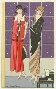 Zwei Frauen beim Tee in Designs von Jean Patou und Beer, aus Art-Goût-Beauté veröffentlicht 1924