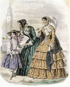 Zwei Frauen mit einem Mädchen auf dem Land - in „Journal des Demoiselles“ 1852 von French School