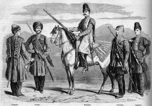 Typen und Uniformen der speziellen Eskorte des Kaisers von Russland. Von links nach rechts: Trompeter, Kosake, Muslim, Tscherkesse und Lesghian. Gravur in 