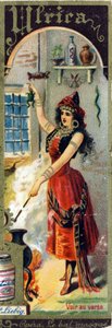 Ulrica in Giuseppe Verdis Oper „Ein Maskenball“, uraufgeführt 1859. Alphabet der Frauennamen zum Thema: weibliche Kostüme und Opern. Liebig-Werbechromolithographie von French School