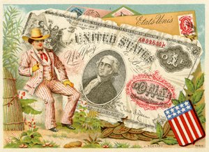 Uncle Sam sitzt neben einem Ein-Dollar-Schein, aus einer Serie von Werbekarten über Währungen in verschiedenen Ländern, veröffentlicht in Paris von Bognard für die Verwendung durch Kaufhäuser und Hersteller, 1886-9