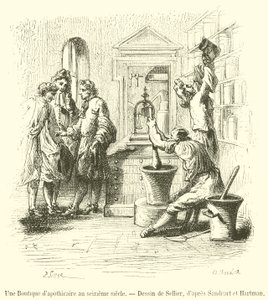 Eine Apothekerwerkstatt im 16. Jahrhundert (Stich) von French School