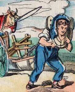 Verkehrte Welt: Ochsen treiben Pflug, der von Bauer gezogen wird