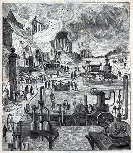 Verwendung verschiedener Pumpsysteme bei einem Brand im 19. Jahrhundert - Gravur in „Sciences mises à la portée de tous - Physik und Chemie“ von Alexis Clerc - Ende des 19. Jahrhunderts