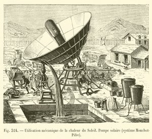 Mechanische Nutzung der Sonnenwärme, Solarpumpe, System Mouchot-Pifre (Stich) von French School